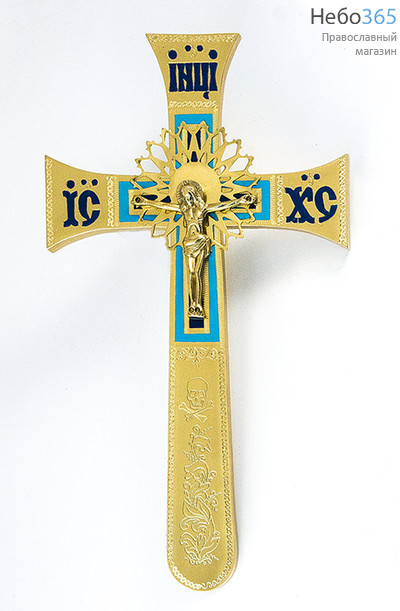  Крест напрестольный из латуни, с накладным распятием, четырехконечный Секирообразный, с гравировкой и эмалью, выс. 32 см, № 13, фото 1 
