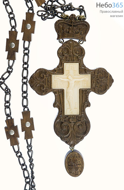  Крест наперсный протоиерейский деревянный из дуба, с костяной вставкой, на цепочке, высотой 10 см, машин. резьба, руч. довод, фото 1 