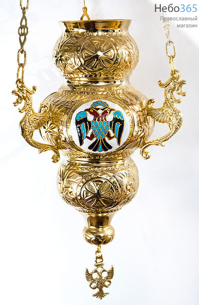  Лампада подвесная латунная с чеканкой, с эмалевыми медальонами, 7240237., фото 1 