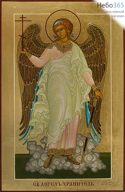  Икона на дереве 9,5х19, Ангел Хранитель, полиграфия, ручная доработка, золотой фон, без ковчега, в коробке, фото 1 