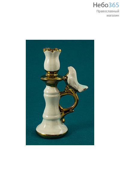  Подсвечник* керамический "Башенка", высокий, с голубем на ручке, комбинированный, с эмалью и золотом, высотой 10,5-12,5 см (в уп.- 5 шт.)РРР белый, фото 1 