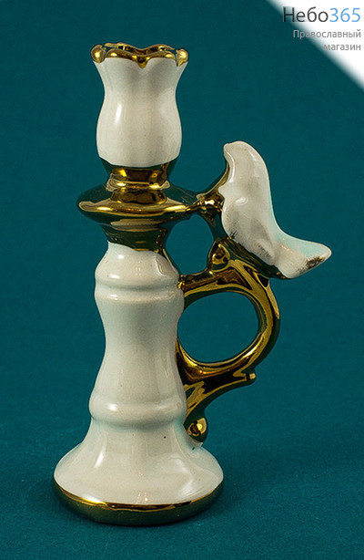  Подсвечник* керамический "Башенка", высокий, с голубем на ручке, комбинированный, с эмалью и золотом, высотой 10,5-12,5 см (в уп.- 5 шт.)РРР белый, фото 2 