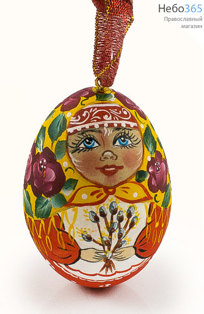  Яйцо пасхальное деревянное подвесное, "Матрешка", с акриловой ручной росписью, высотой 7 см, разноцветные "в ассортименте из имеющихся разновидностей, фото 2 