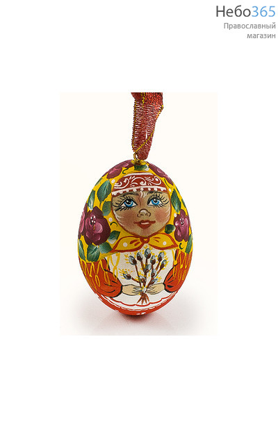  Яйцо пасхальное деревянное подвесное, "Матрешка", с акриловой ручной росписью, высотой 7 см, разноцветные девочка с вербой,в ассортименте, фото 1 