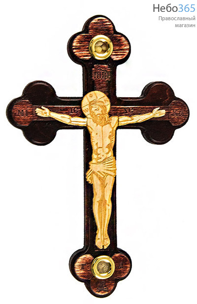 Крест деревянный с плоским деревянным распятием с 2 вставками (земля и ладан, освящены на Гробе Господнем), в форме Трилистник, высотой 16 см, фото 1 