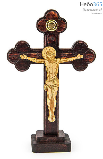  Крест деревянный с плоским деревянным распятием, с 1 вставкой (земля освящена на Гробе Господнем), на подставке, высотой 16 с, фото 1 