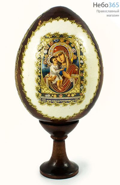  Яйцо пасхальное деревянное на подставке, с иконой, коричневое,среднее, с белым фоном,с золотой аппликацией,высотой 8,5 см(без учета подставки), фото 1 