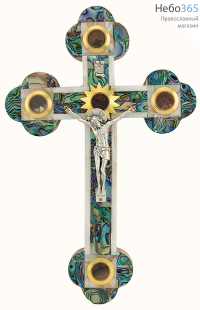  Крест деревянный Иерусалимский из оливы, с перламутром, с метал. распятием, с 5 вставками, высотой 22 см, фото 1 