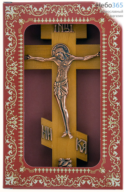  Крест деревянный большой, восьмиконечный, с литым металлическим распятием цвета олова или меди, с нимбом, в красной коробке, Р12, фото 1 