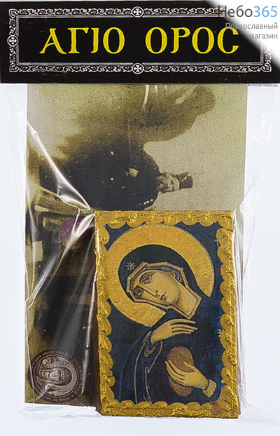 Афонский набор, бумажная икона 6,5х10, икона на дереве 4х6,5, розочка икона Божией Матери Светописанная, фото 1 