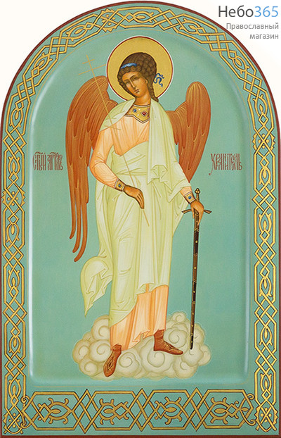  Ангел Хранитель. Икона писаная 18х28х3,5 см, цветной фон, золотой нимб, арочная, с ковчегом (Шун), фото 1 