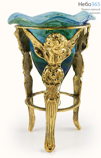  Лампада напрестольная бронзовая "Ангелы. Тренога", литая, с позолотой, со стаканом ручной работы, высотой 20 см, фото 1 