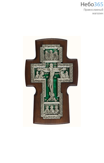  Крест деревянный 17117-1, настенный, с вклейкой из гальваники, с эмалью, с посеребрением, ясень с зеленой эмалью, фото 1 