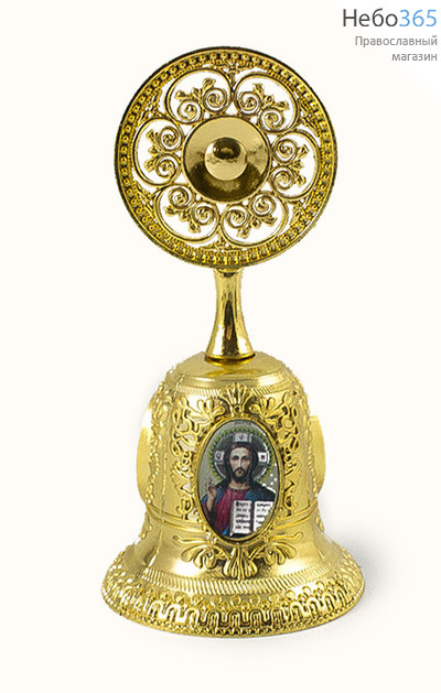  Колокольчик металлический с металлизированными цветными иконами, с круглой ажурной ручкой, высотой 9,3 см., фото 1 
