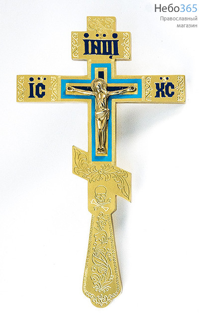  Крест напрестольный из латуни, с накладным распятием, восьмиконечный, с гравировкой и эмалью, высотой 30 см, № 11, фото 1 