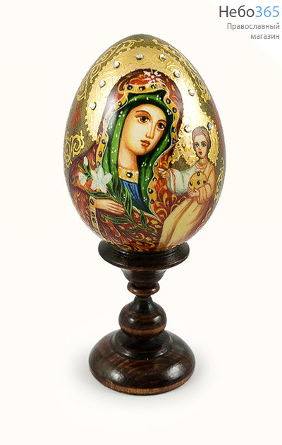  Яйцо пасхальное деревянное с писаной иконой Божией Матери "Неувядаемый Цвет", в красном одеянии высотой 7 см (без учёта подставки), диам. 5 см, фото 1 