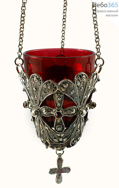  Лампада подвесная металлическая филигрань, сплав свинца и цинка, красный стеклянный стакан, стразы, 14 см №33 цвет: красный, фото 1 