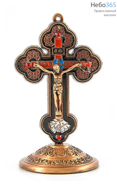  Крест металлический на круглой подставке, в ассортименте Крест формы Трилистник, с накладным распятием и эмалью, медь., фото 1 