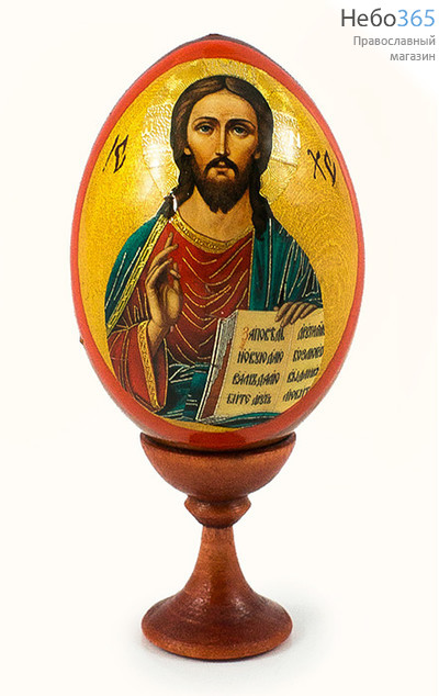  Яйцо пасхальное деревянное на подставке, с иконой, светло-коричневое, среднее, с золотистым фоном, с литографией, высотой 7 см с иконой Спасителя, в ассортименте, фото 1 