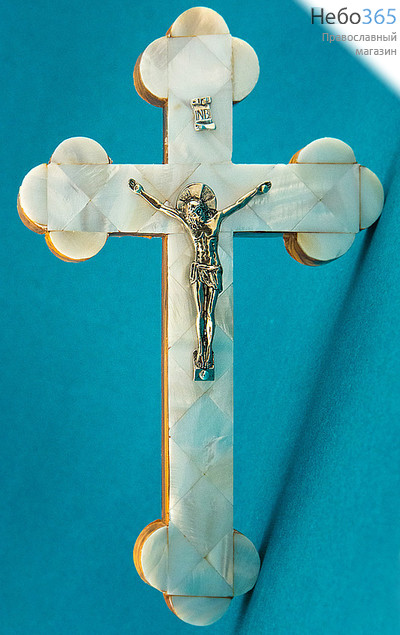  Крест деревянный с металлическим распятием, с перламутром, высотой 22см, дерево - олива., фото 1 