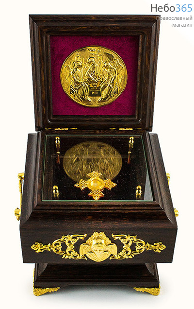  Мощевик - ковчег деревянный на 1 частицу, квадратный, из дуба, с иконой Св.Троицы, с латунными позолоченными накладками, со стеклом, 21,5 х 21,5 х 24 см, фото 1 