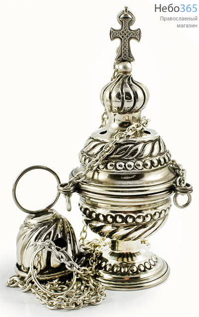  Кадило малое мельхиоровое требное, с чеканкой, с медной чашей, высотой 16 см вид чеканки № 5, фото 1 