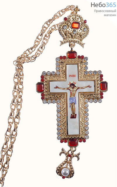  Крест наперсный протоиерейский из сплава золотистого цвета, с принтом на перламутре, со стразами, № 11, фото 1 