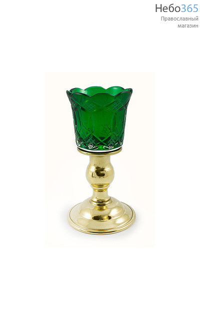  Лампада настольная латунная давленая, со стаканом с зеленым стаканом, фото 1 