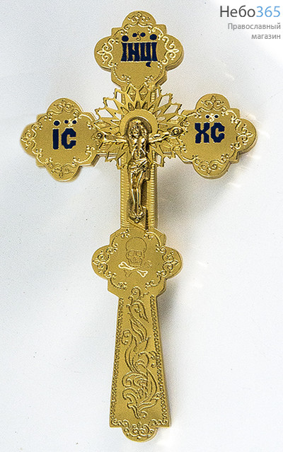  Крест требный металлический в форме "Трилистник" с накладным распятием. Латунь, цветная эмаль, гравировка, высота 23 см № 2 ., фото 1 