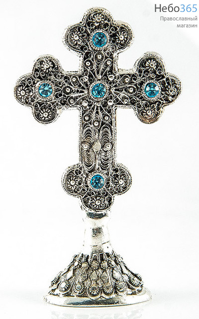  Крест металлический греческий, ажурный, на подставке, малый, 957 с голубыми камнями, фото 1 