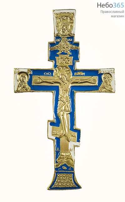  Крест металлический медное литьё, восьмиконечный, Поморский, малый, с сине-голубой и белой эмалью, высотой 11 см, 501-1, 5528, фото 1 