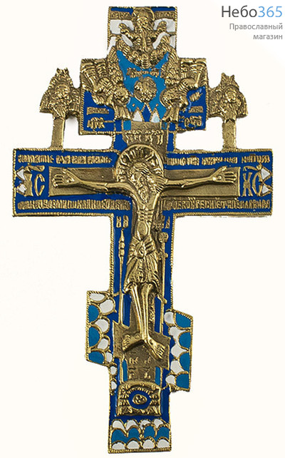  Крест металлический медное литьё, восьмиконечный, киотный, Гуслицкий, с херувимами, с цветной эмалью, высотой 15 см, 5131, 7964, фото 1 
