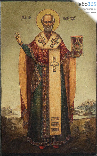  Николай Чудотворец, святитель. Икона на дереве 12х7,5 см, печать на левкасе, золочение (НЧ-17) (Тих), фото 1 