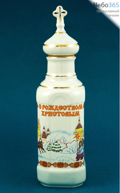  Сосуд керамический для святой воды, рождественский, Квадрат, с белой глазурью и деколью Снежная, с золотом, С0401БВ3, фото 1 