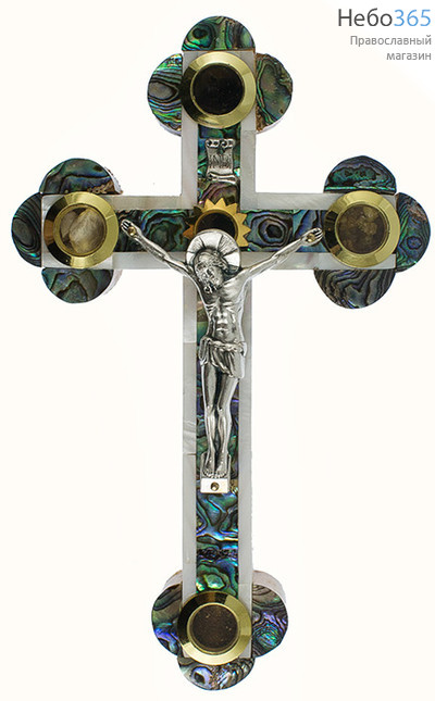  Крест деревянный Иерусалимский из оливы, с перламутром, с металлическим распятием, с 5 вставками, высотой 18 см., фото 1 