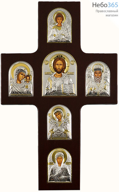  Крест с иконами, 18х29 см, 6 икон, шелкография, серебрение, золочение, деревянная основа (ST2-XAG) (Ж), фото 1 