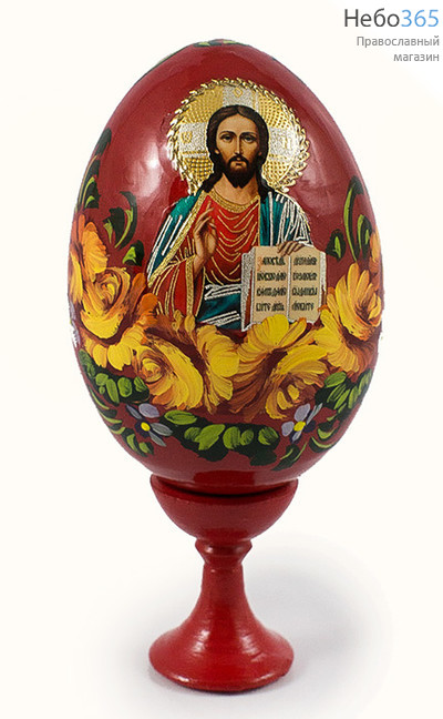  Яйцо пасхальное деревянное на подставке, с иконой, красное, с цветной литографией и ручной росписью Цветы, высотой 7,5 см с иконами Спасителя, в ассортименте, фото 1 