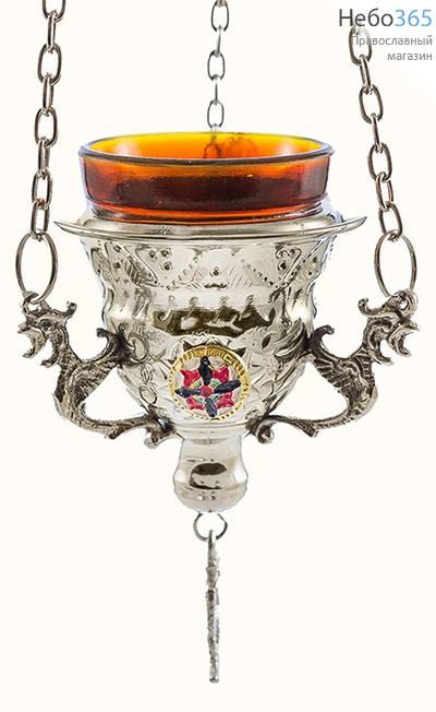  Лампада подвесная латунная никелированная, с эмалевыми медальонами, со стаканом, высотой 8 см, 483 N, фото 1 
