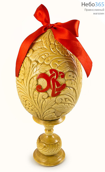 Яйцо пасхальное деревянное на ножке, "С птицей", из липы, резное, с бантом, высотой 15 см, абрамцево-кудринская резьба, фото 1 