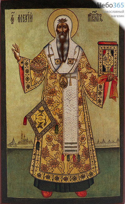  Алексий, митрополит Московский, святитель. Икона на дереве 12х7,5 см, печать на левкасе, золочение (МА-332) (Тих), фото 1 