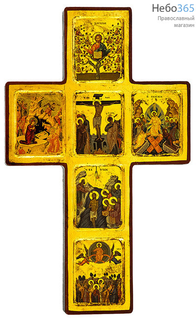  Крест деревянный, 22х36 см, 6 икон: Благовещение, Рождество, Распятие, Воскресение, Крещение, Вознесение, с ковчегом, основа МДФ (B 152NB) (Нпл), фото 1 
