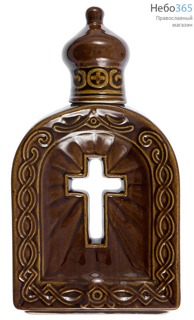  Сосуд керамический для святой воды, С прорезным крестом, с коричневой глазурью, высотой 22,5 см, объемом 350 мл, фото 1 