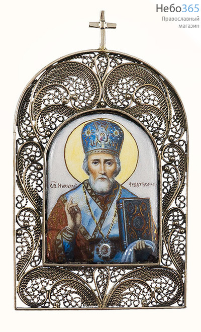  Святитель Николай Чудотворец. Икона писаная (Гу) 4,3х5,8, эмаль, филигрань, на подставке, фото 1 