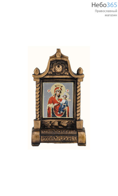  Подсвечник металлический В- 50 и фигура, обмедненный, в ассортименте № 96/ 3 Киот с Иверской иконой Божией Матери (полиграфия). Высота 8 см., фото 1 
