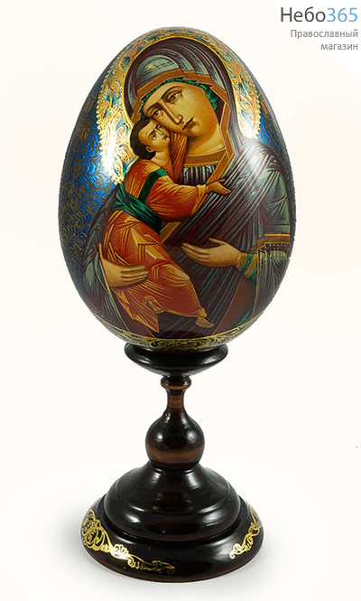  Яйцо пасхальное деревянное с писаной иконой Божией Матери Владимирская темно-коричневое, на подставке, высотой 16 см (без учета подставки), фото 1 