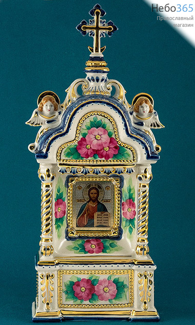 Киот фарфоровый настольный К- 3 Домик средний , с цветной росписью и золотом с иконой Господь Вседержитель, фото 1 