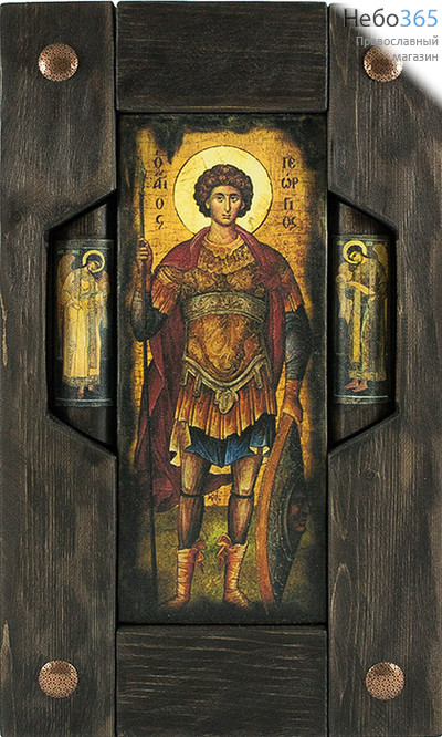  Икона на дереве 11х26, в деревянной брусковой раме, с предстоящими Георгий Победоносец, великомученик, фото 1 