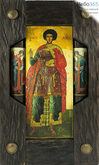  Икона на дереве 11х26 (с рамой 23х38), в деревянной брусковой раме, с предстоящими Пантелеимон, великомученик (с предстоящими Архангелами), фото 1 