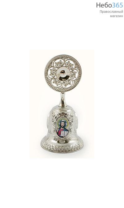  Колокольчик металлический с металлизированными цветными иконами, с круглой ажурной ручкой, высотой 9,3 см. цвет: серебро, фото 1 