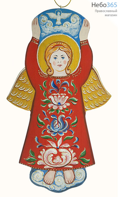  Ангел, фигура деревянный расписной, на подвеске, с орнаментом, высотой 26,5 см, ручная роспись, фото 1 